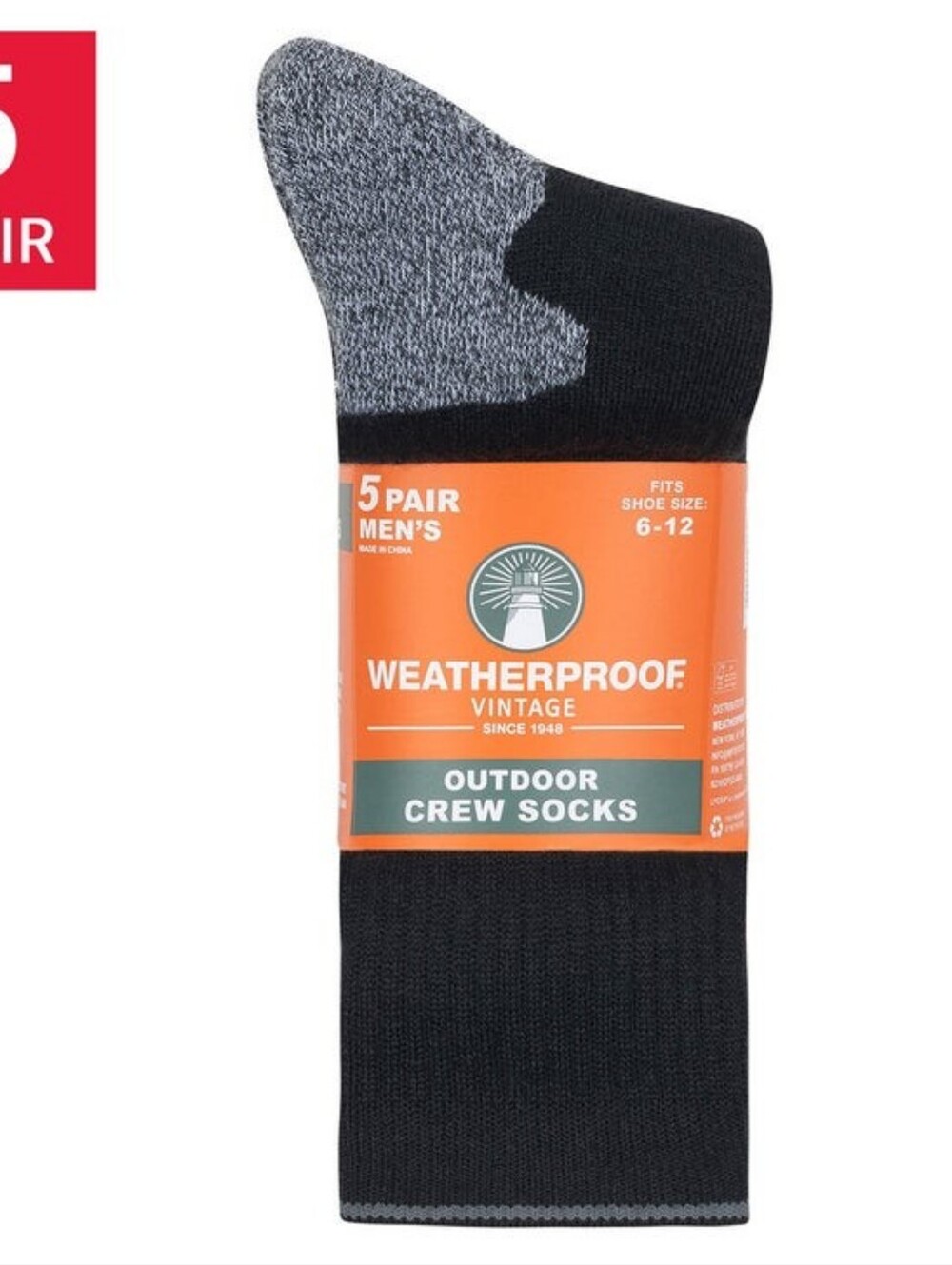 Weatherproof Vintage Men's Outdoor Crew Sock, 5-pair